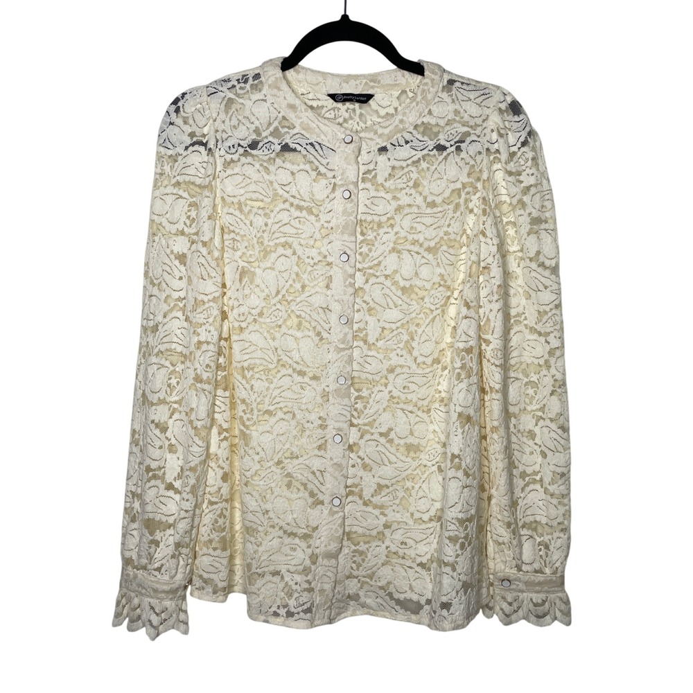 PrettyGarden Lace Blouse Womens Small Cream Floral Ruffle Button Down Soft Girl